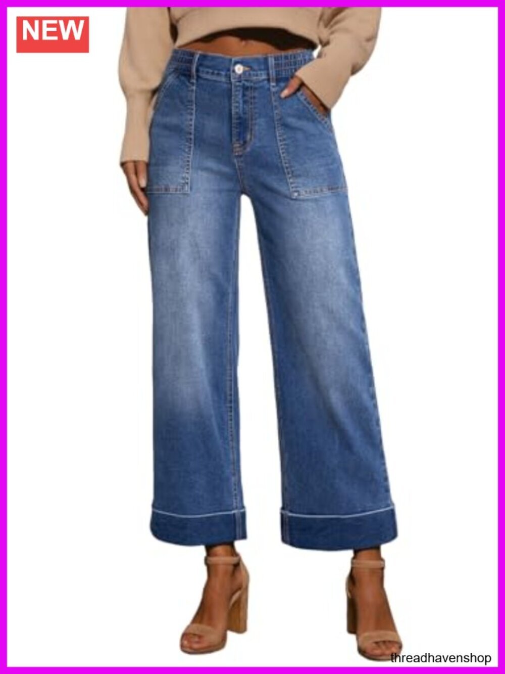 High Waist Wide Leg Cropped Denim Jeans Stretchy Tummy Control with Pockets
